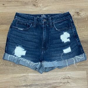 Hollister Ultra High rise mom short 3”. Dark wash with rips. Size 0.